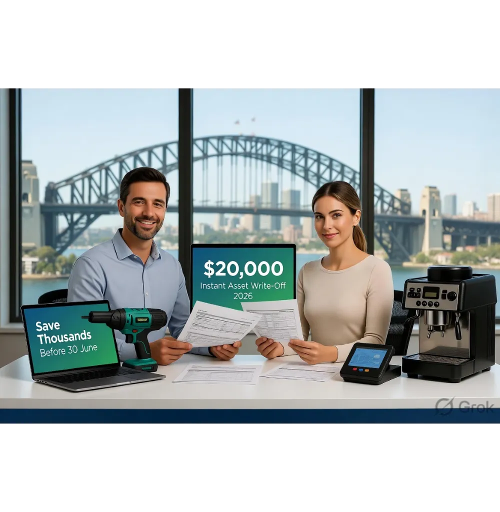 Sydney small business owner reviewing instant asset write-off $20000 2026 documents with accountant – tax savings for 2025-26 financial year